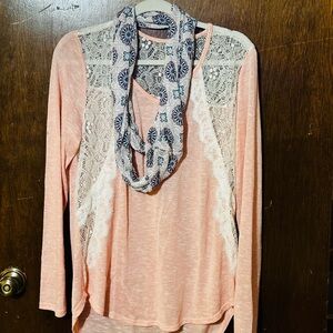 No Boundaries Orange Pink Lace Long Sleeve Blouse